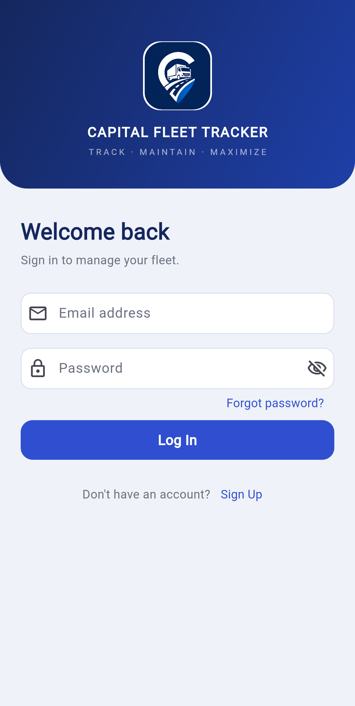 Capital Fleet Tracker sign-in screen on Android