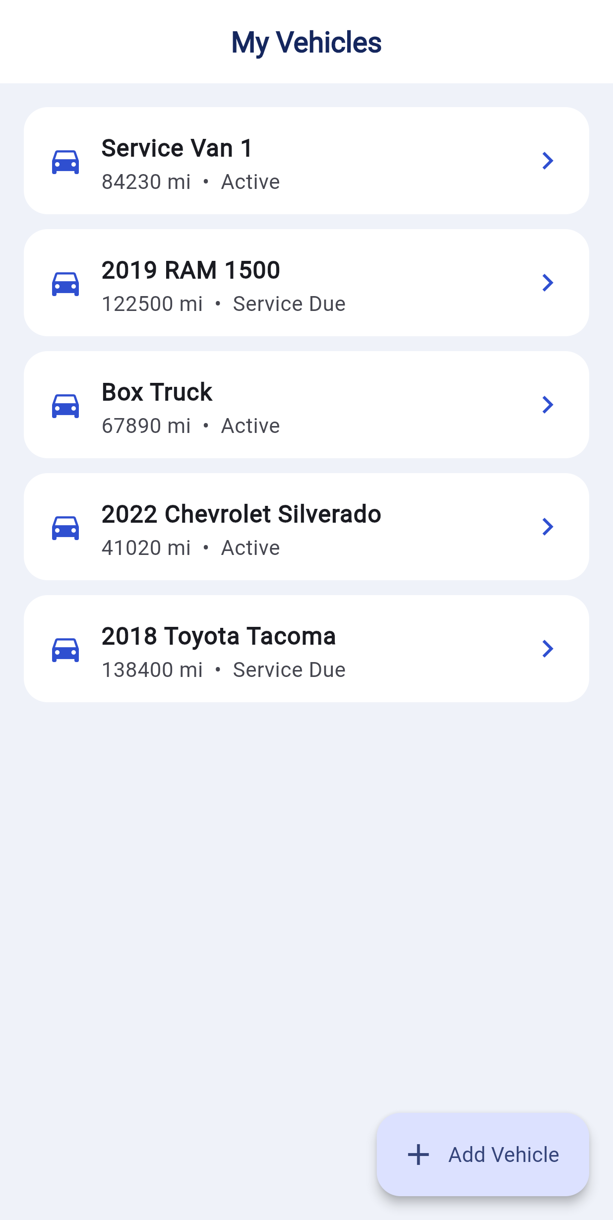My Vehicles screen
