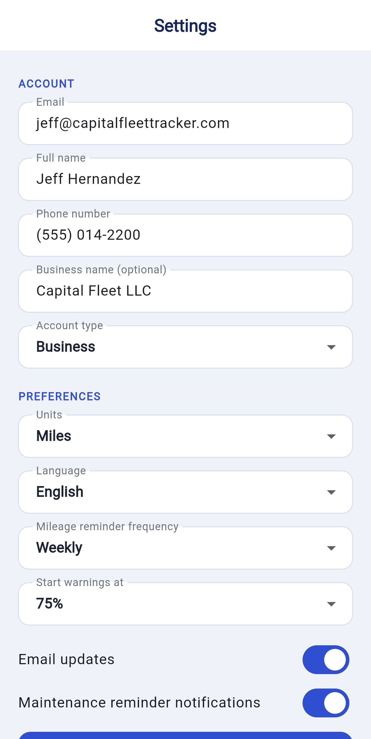 Settings screen