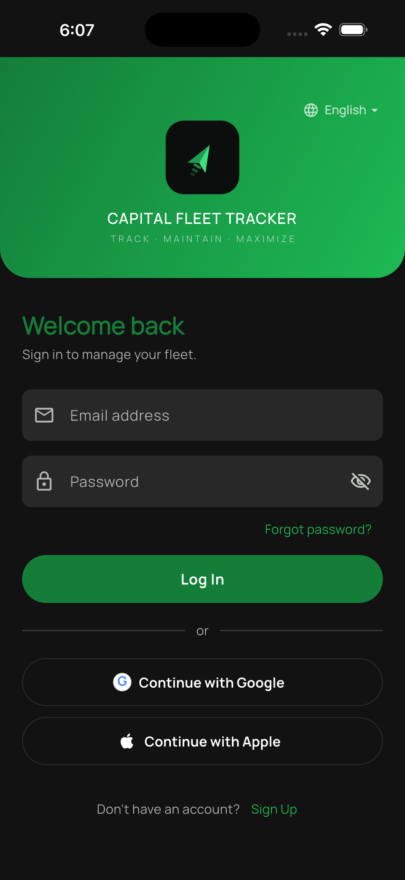 Capital Fleet Tracker sign-in screen on iPhone