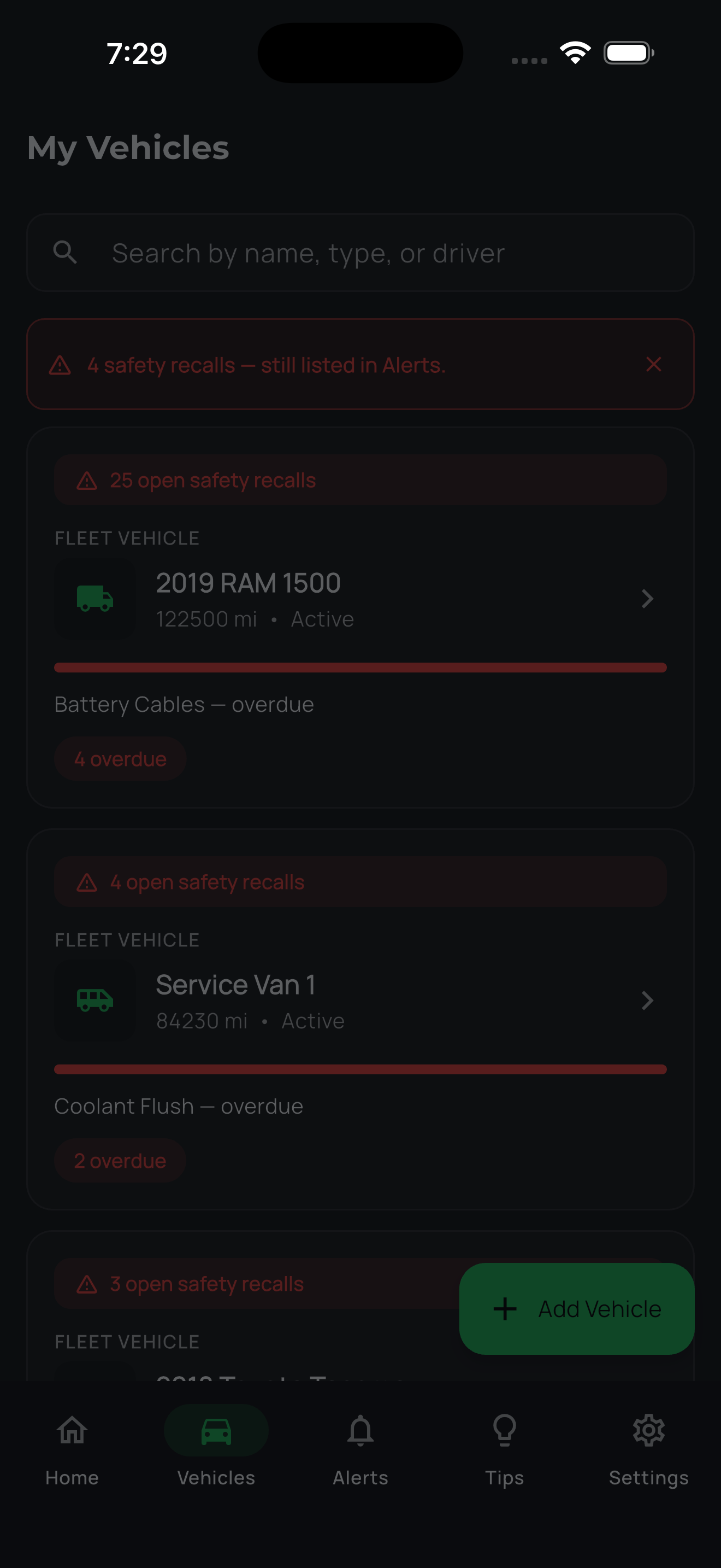 My Vehicles screen