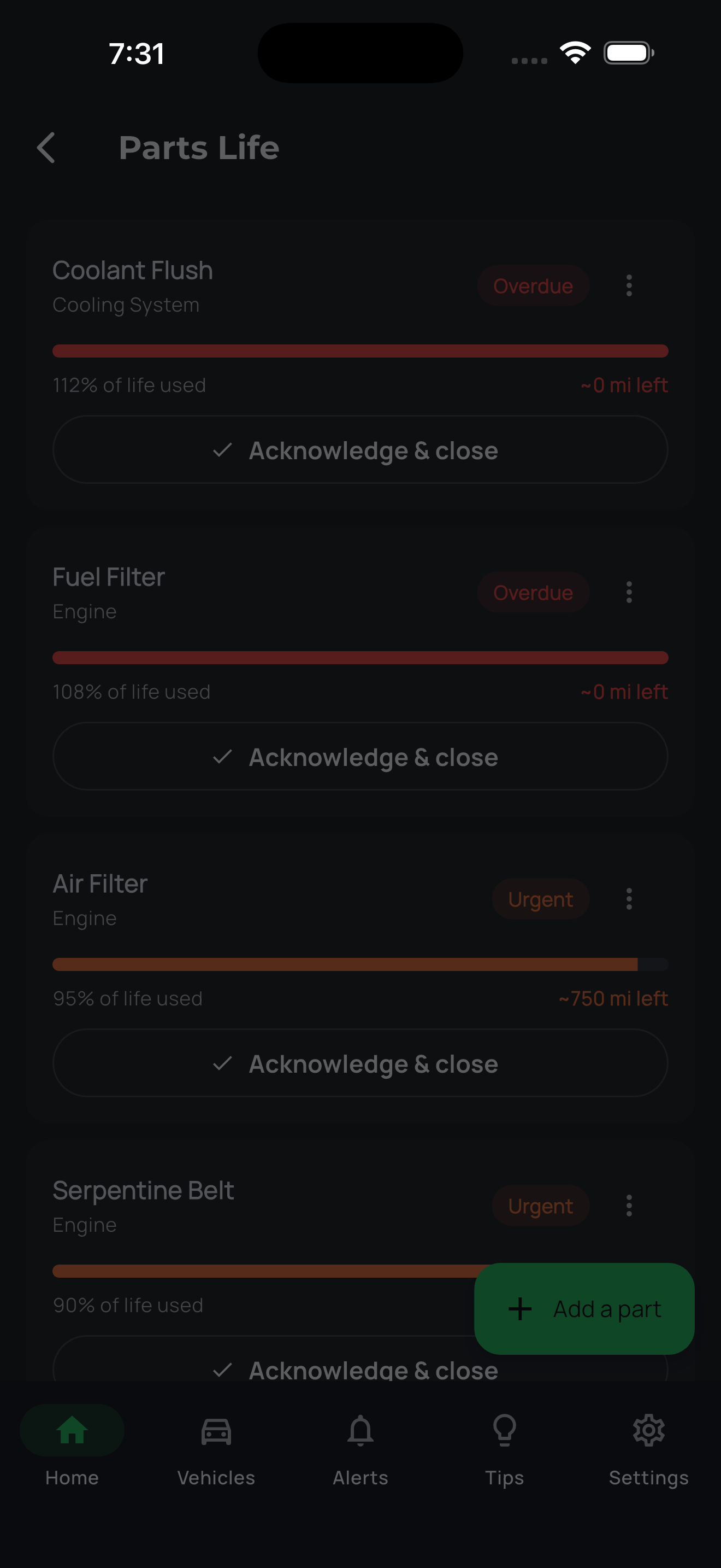 Parts Life screen