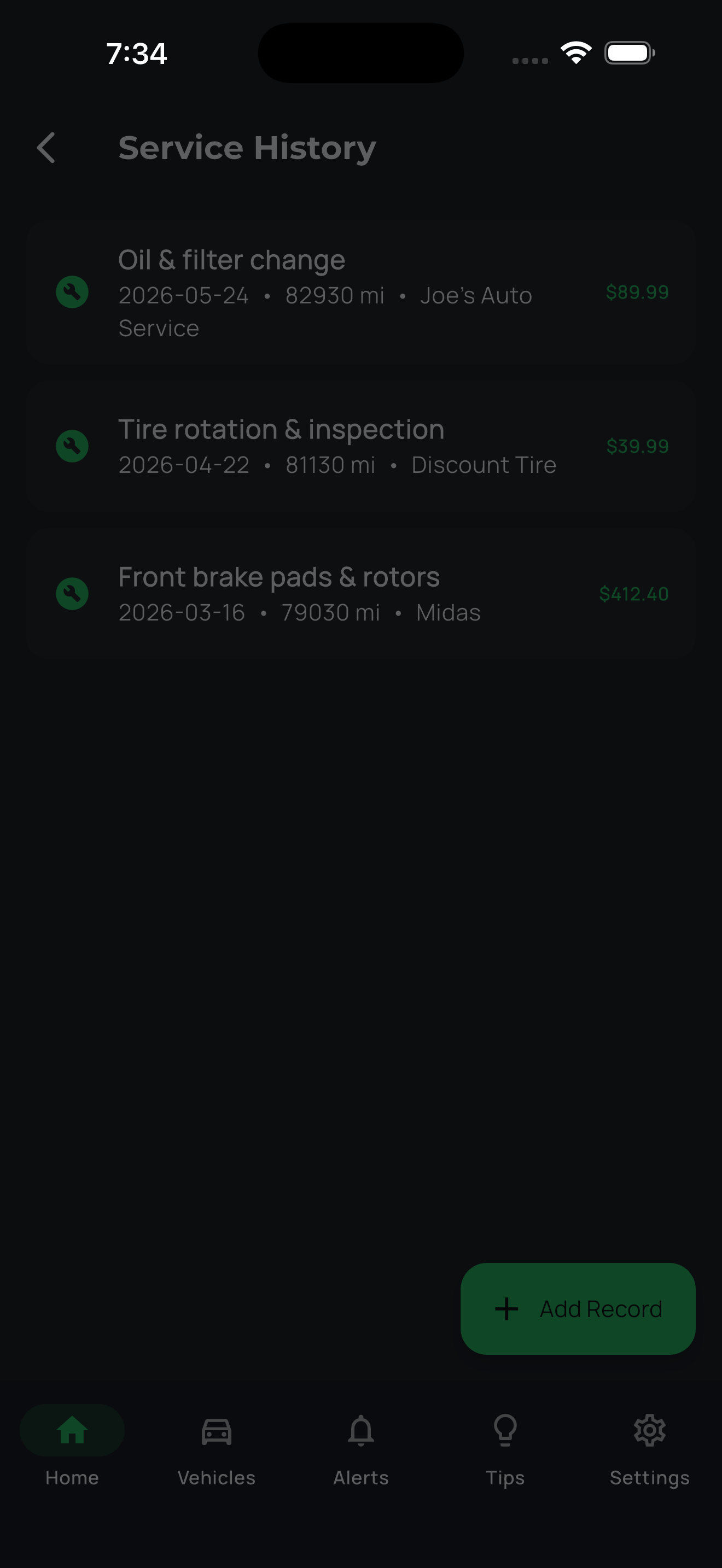 Service History screen