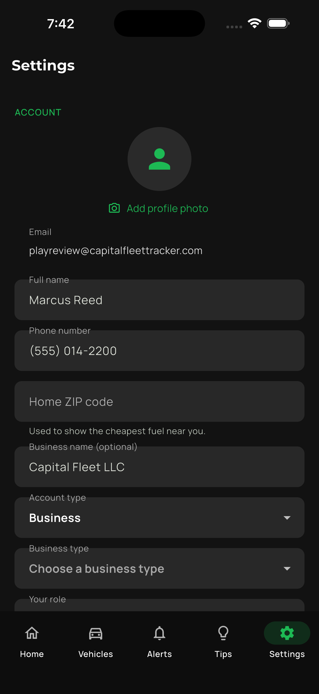 Settings screen