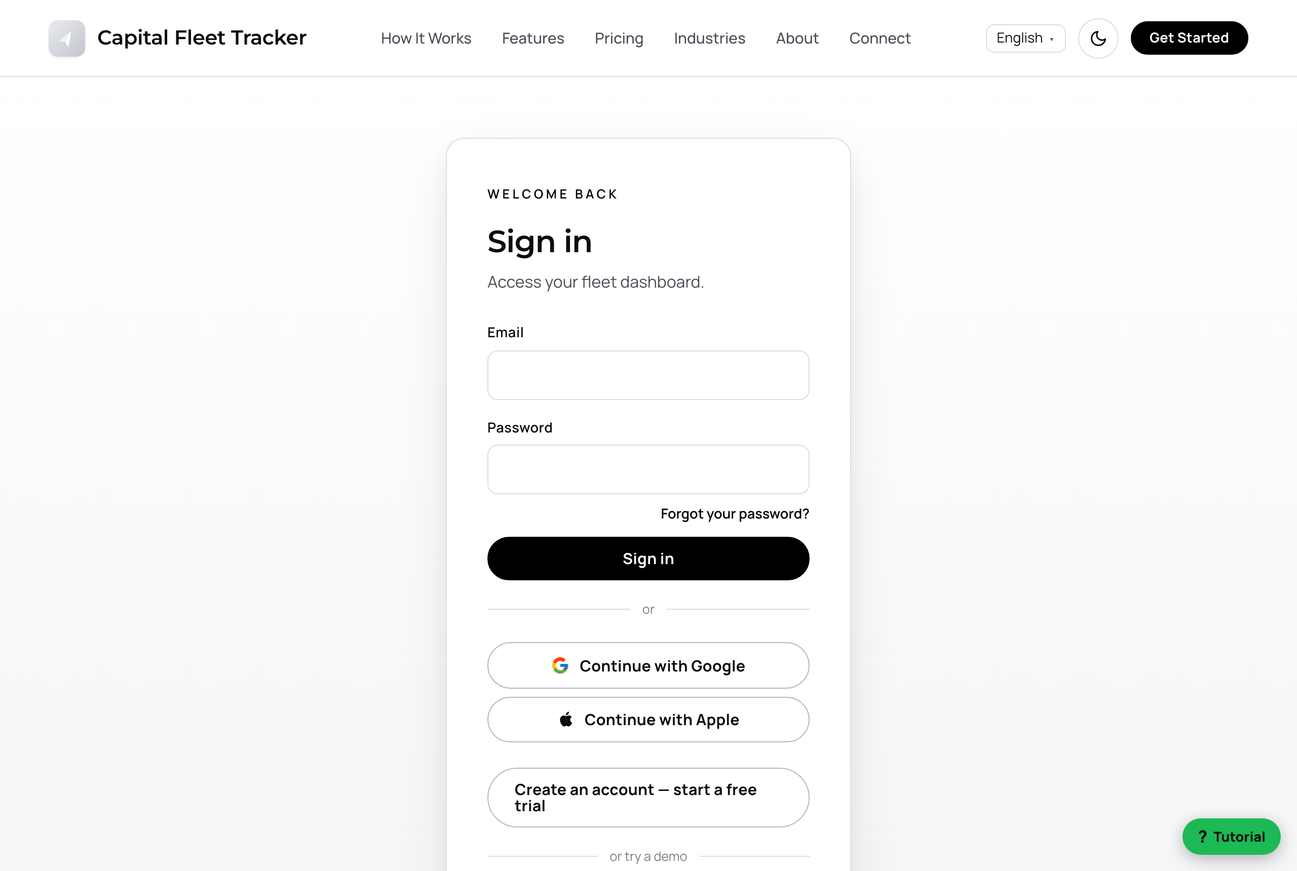 Capital Fleet Tracker website sign-in page