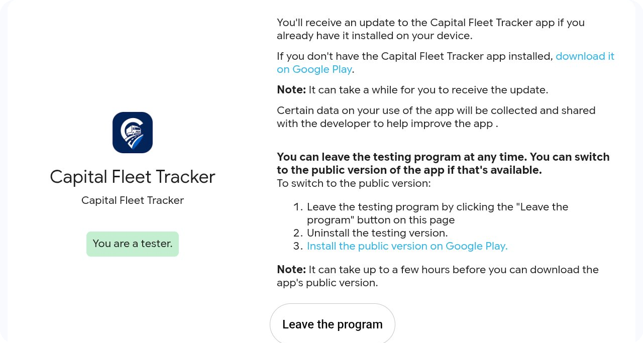 Confirmation screen showing You are a tester