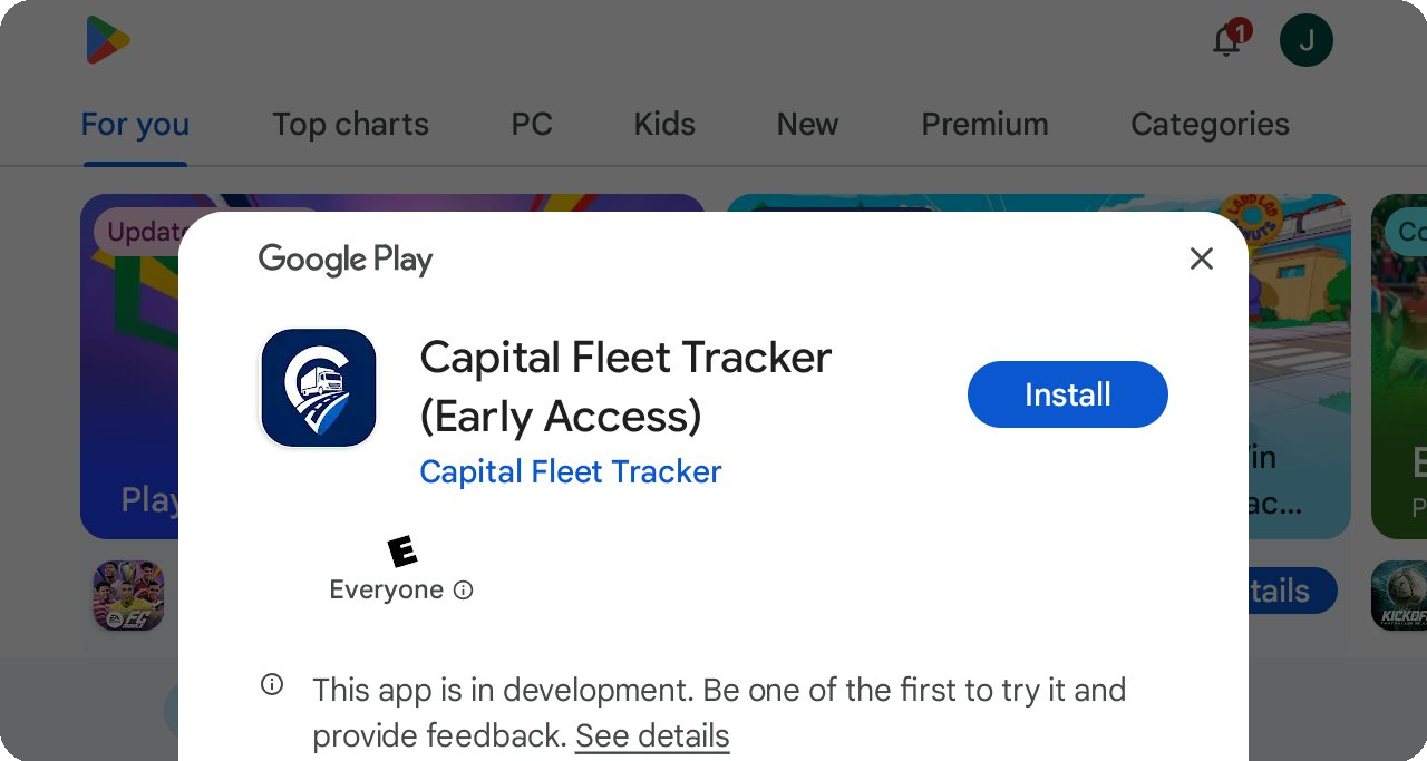 Google Play install dialog for Capital Fleet Tracker Early Access